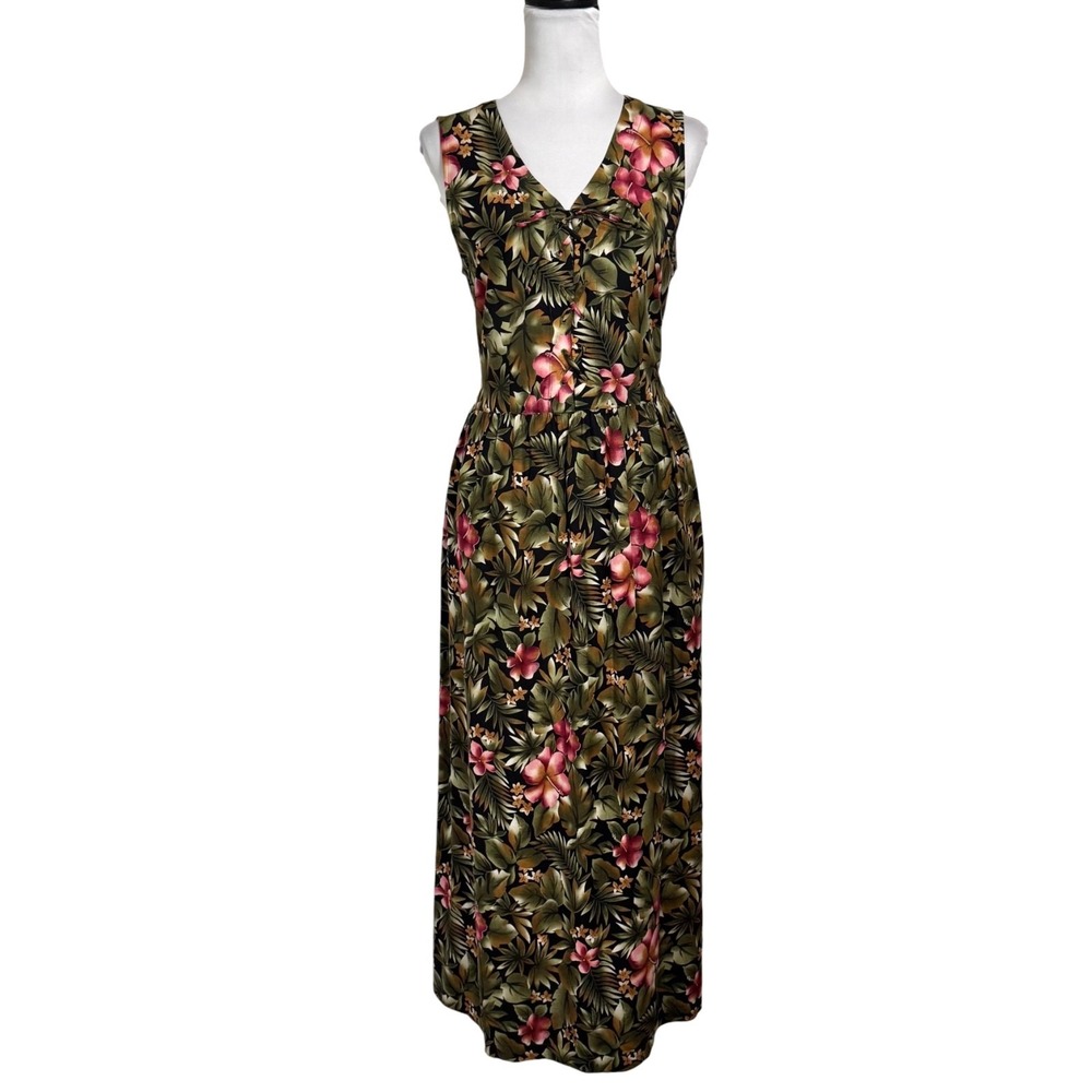 Vintage 90s Tropical Floral Print Maxi Dress Sz S Waist Tie Back Rayon‎ Sundress